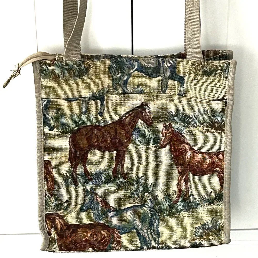 Horse Tapestry Tote Bag Double Handle Zipper Pockets Country Handbag Cottage